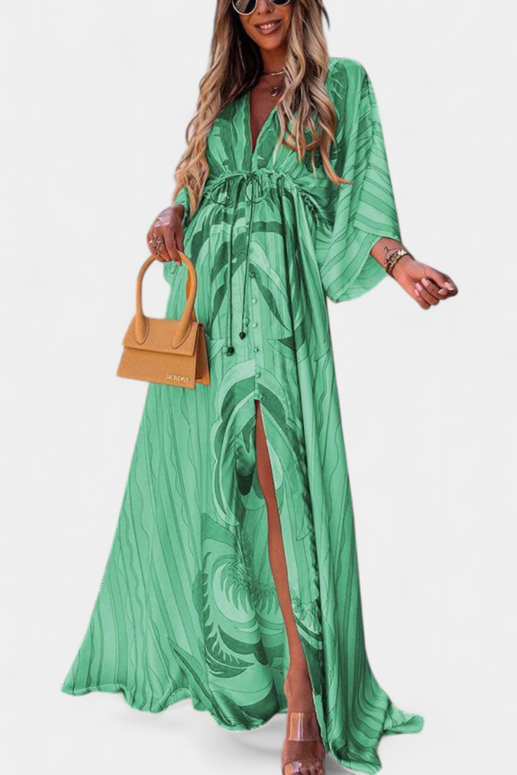 Robe Maxi Joelle Arc-en-ciel avec Décolleté en V et Manches Chauve-Souris