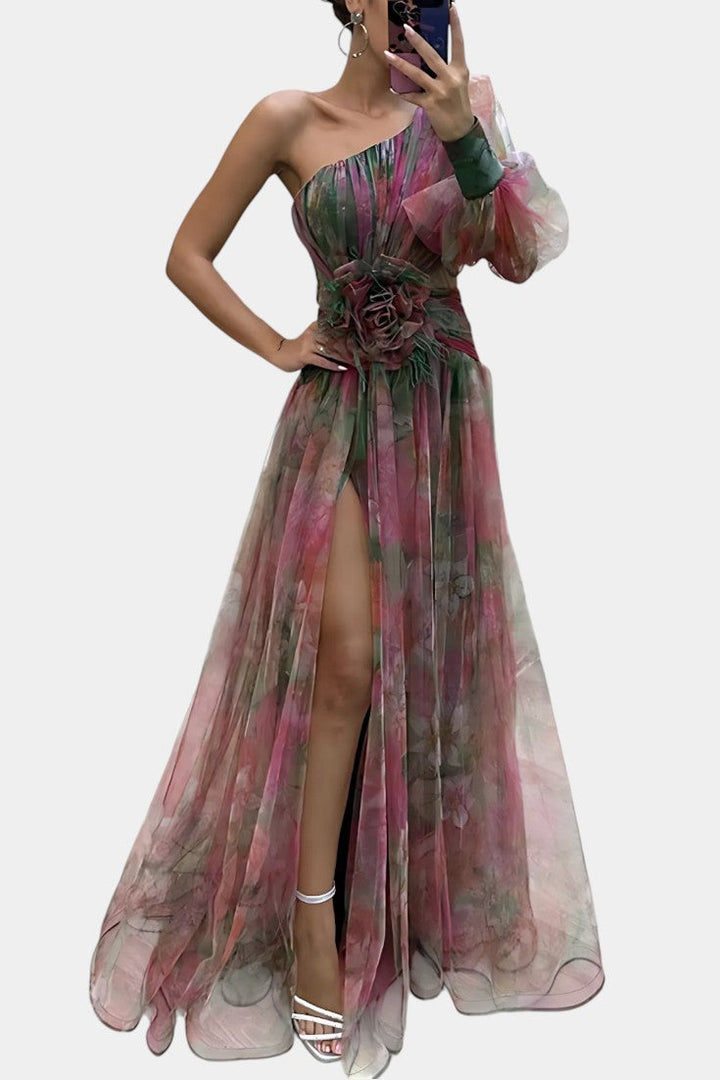 Robe Maxi Asymétrique Amelie à Épaule Unique avec Imprimé Artistique