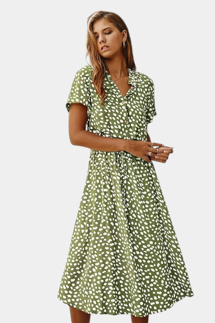 Rovena Robe Midi à Pois avec Col Chemisier et Taille Ajustable