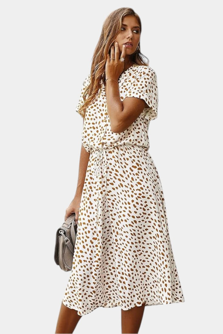 Rovena Robe Midi à Pois avec Col Chemisier et Taille Ajustable