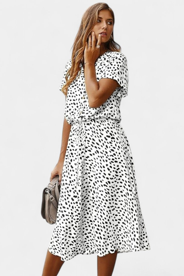 Rovena Robe Midi à Pois avec Col Chemisier et Taille Ajustable