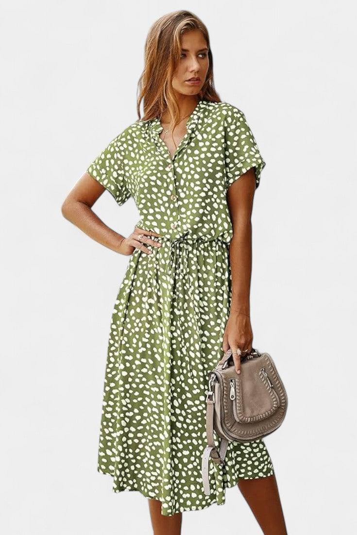 Rovena Robe Midi à Pois avec Col Chemisier et Taille Ajustable