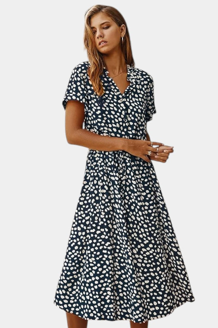 Rovena Robe Midi à Pois avec Col Chemisier et Taille Ajustable