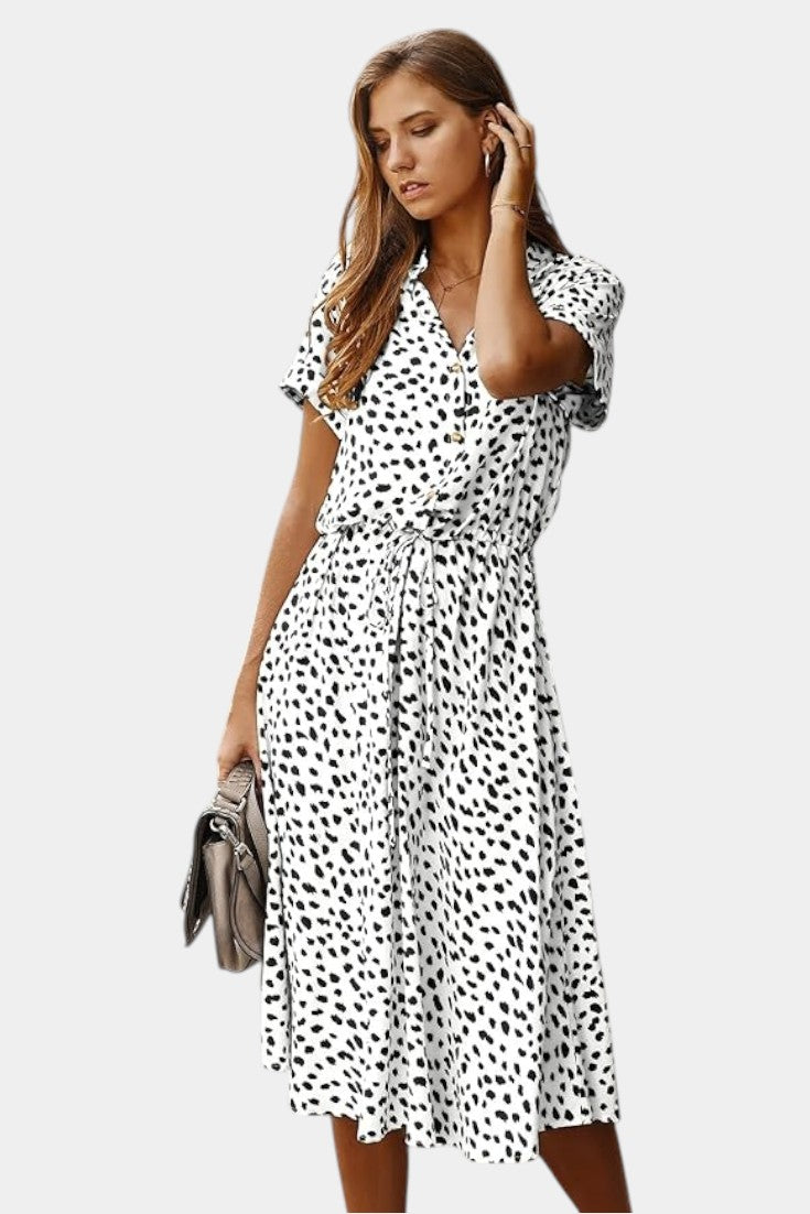 Rovena Robe Midi à Pois avec Col Chemisier et Taille Ajustable