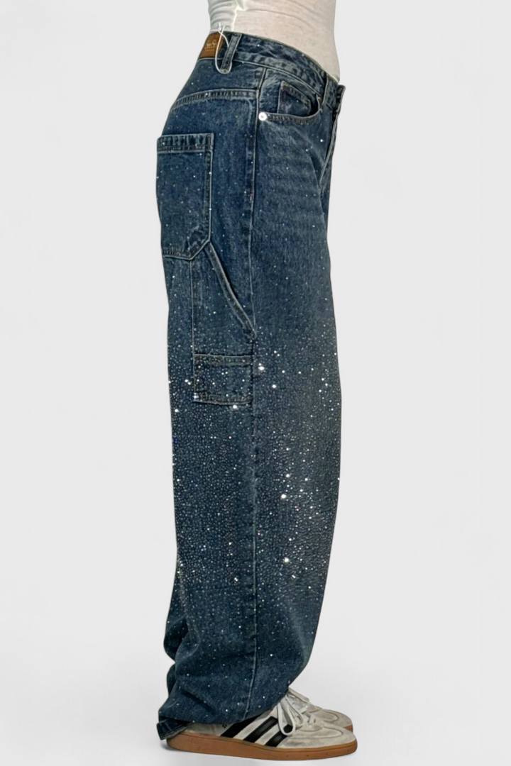 Jeans Cargo Balloon avec Brillant et Applications de Strass