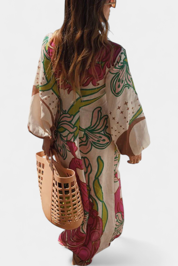 Robe Fana Croisée Imprimée Florale avec Nœud à la Taille