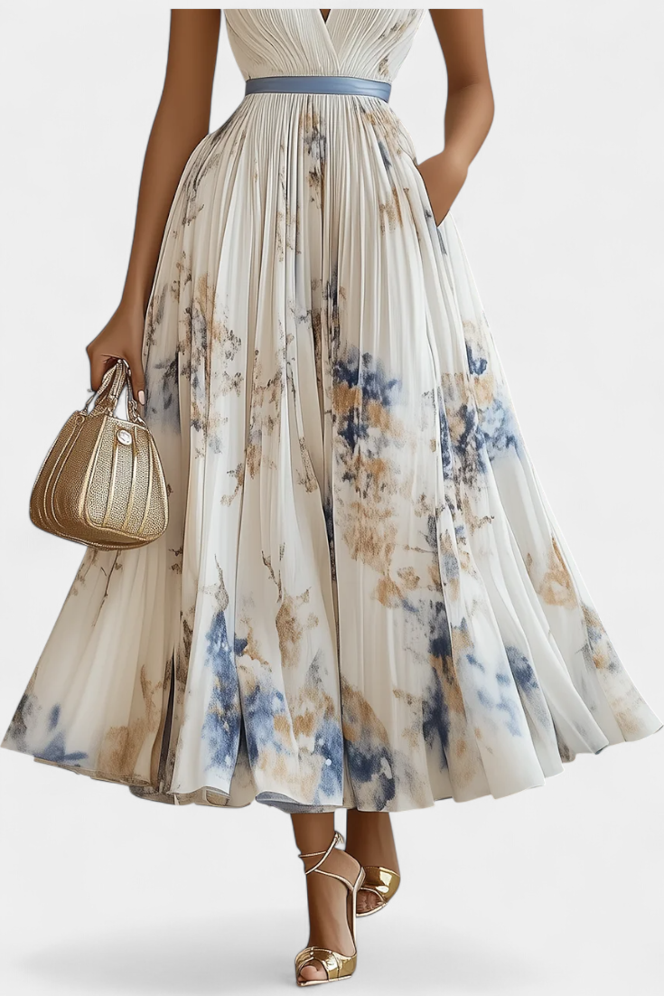 Robe Midi Sans Manches Elise avec Imprimé Floral et Plis