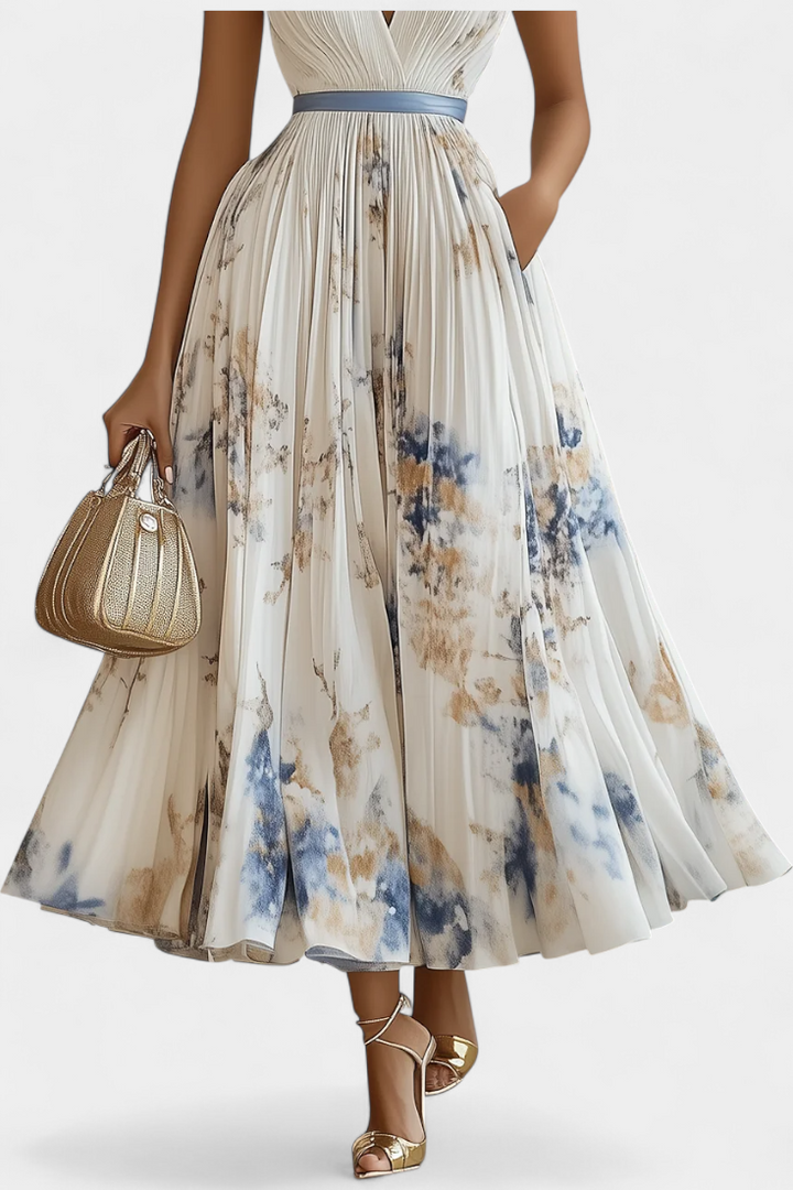 Robe Midi Sans Manches Elise avec Imprimé Floral et Plis