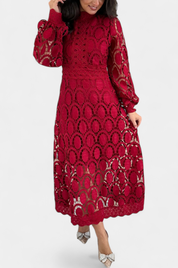 Robe Midi Jovie en Dentelle Brodée avec Col Montant