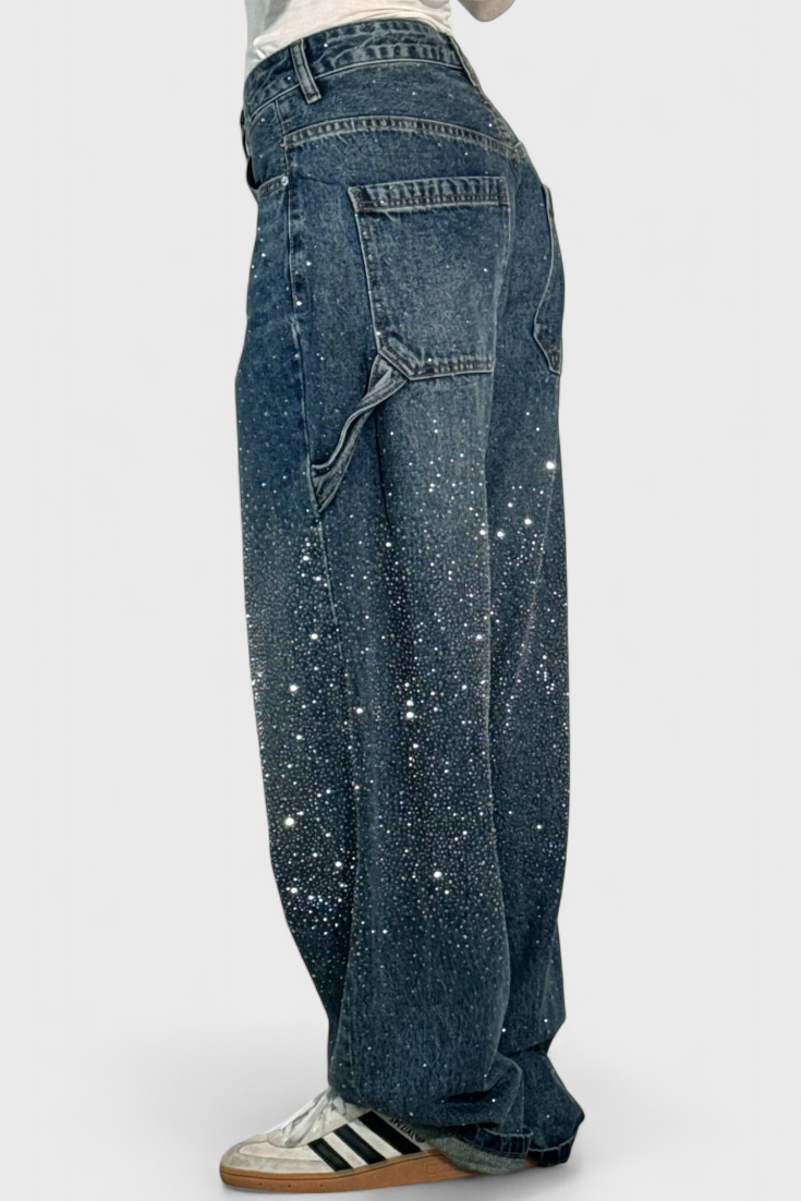 Jeans Cargo Balloon avec Brillant et Applications de Strass