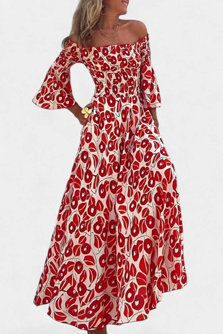 Robe Marine à Fleurs avec Épaules Dégagées