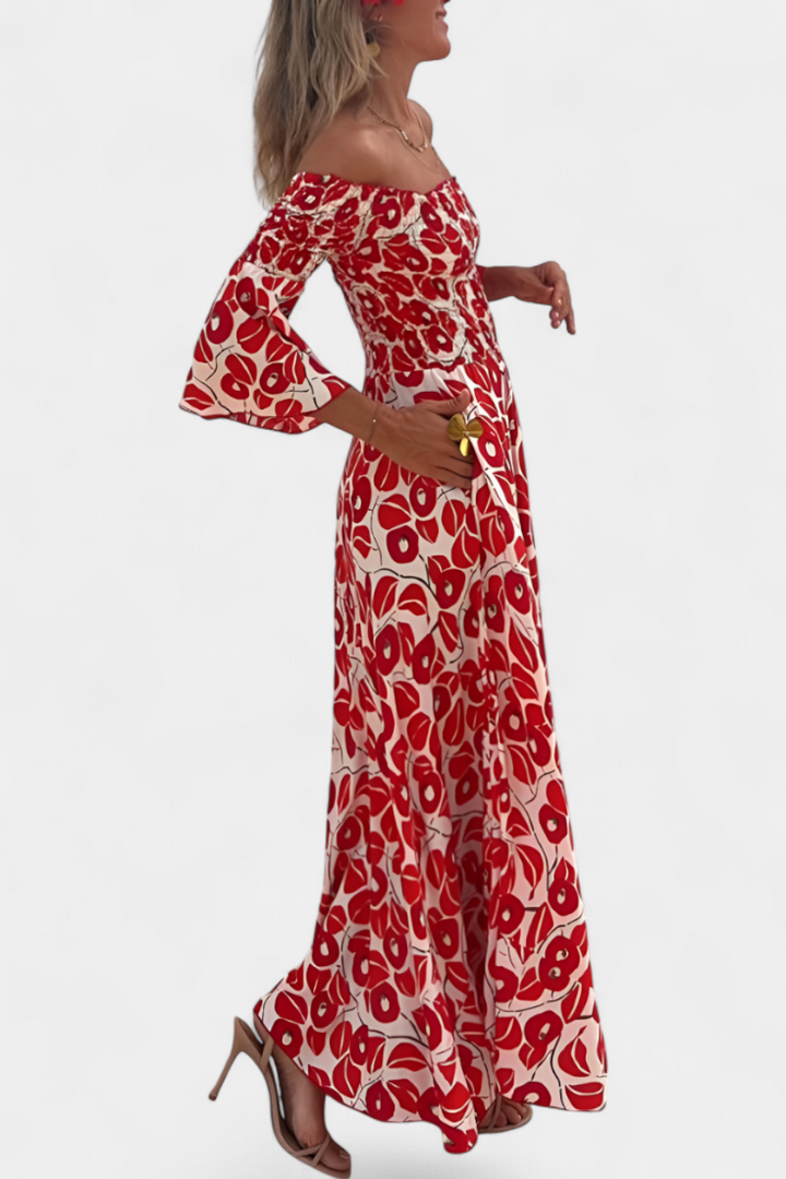 Robe Marine à Fleurs avec Épaules Dégagées