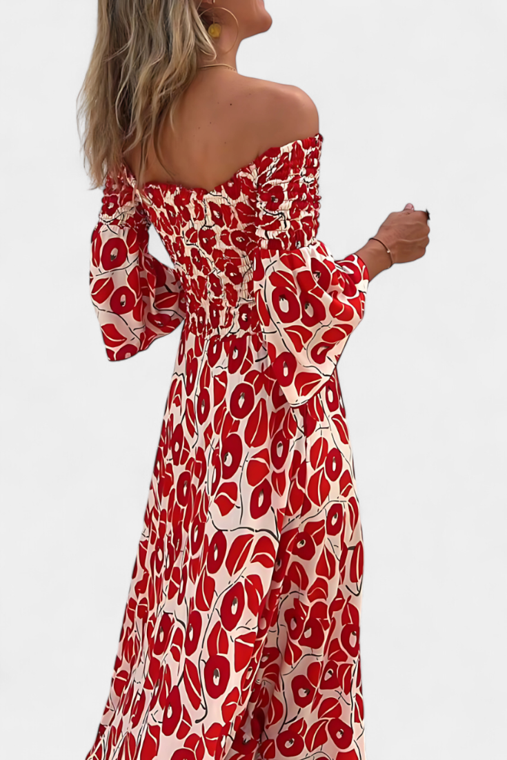 Robe Marine à Fleurs avec Épaules Dégagées