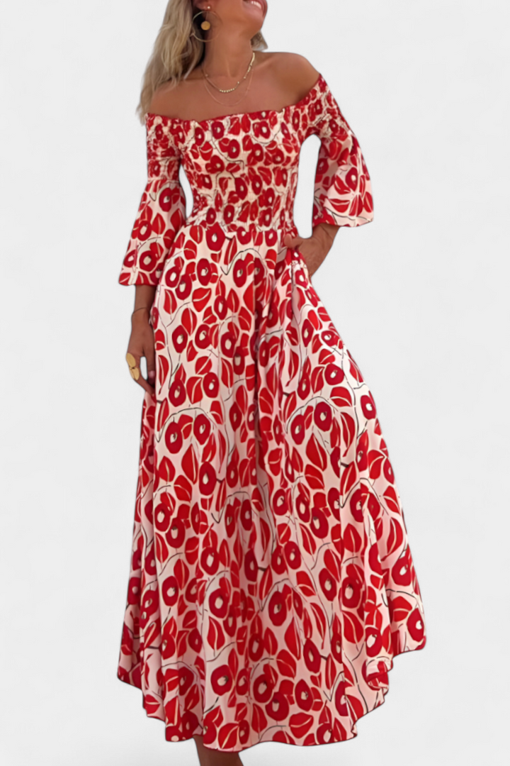 Robe Marine à Fleurs avec Épaules Dégagées