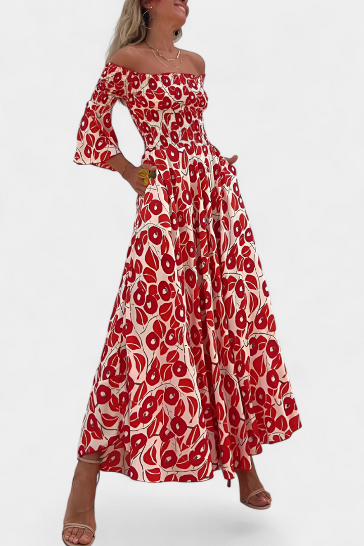 Robe Marine à Fleurs avec Épaules Dégagées