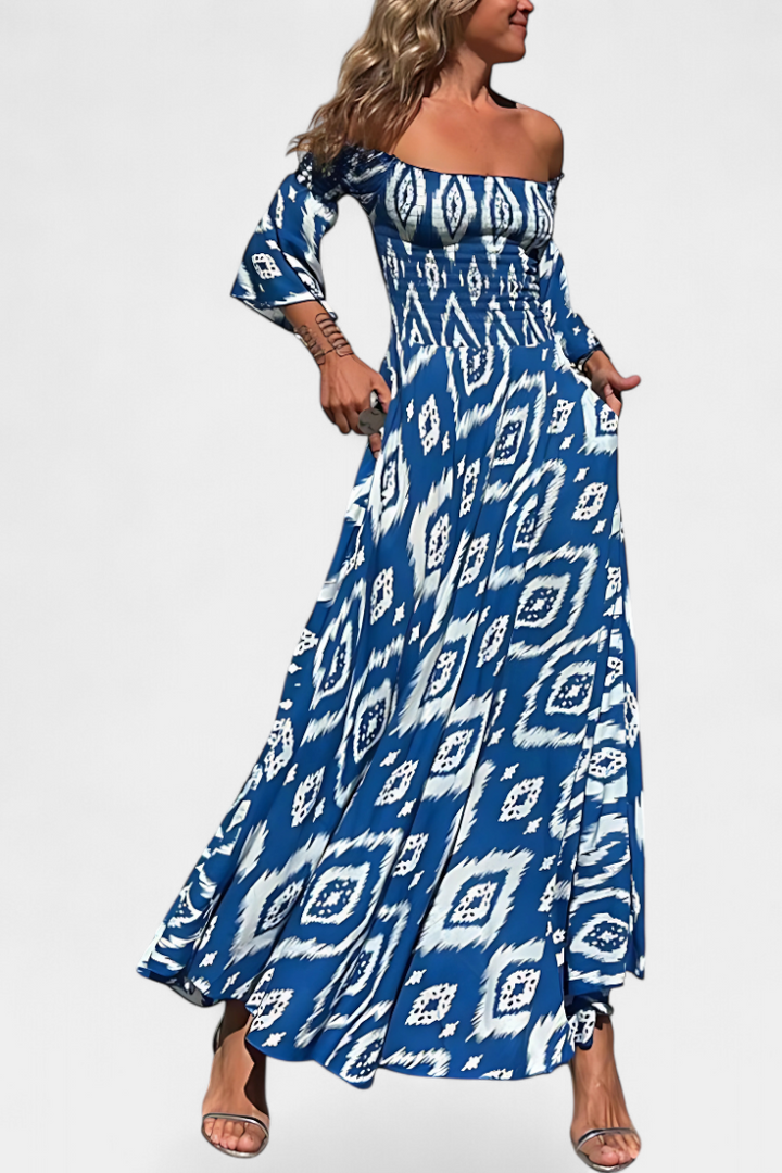 Robe Marine à Fleurs avec Épaules Dégagées