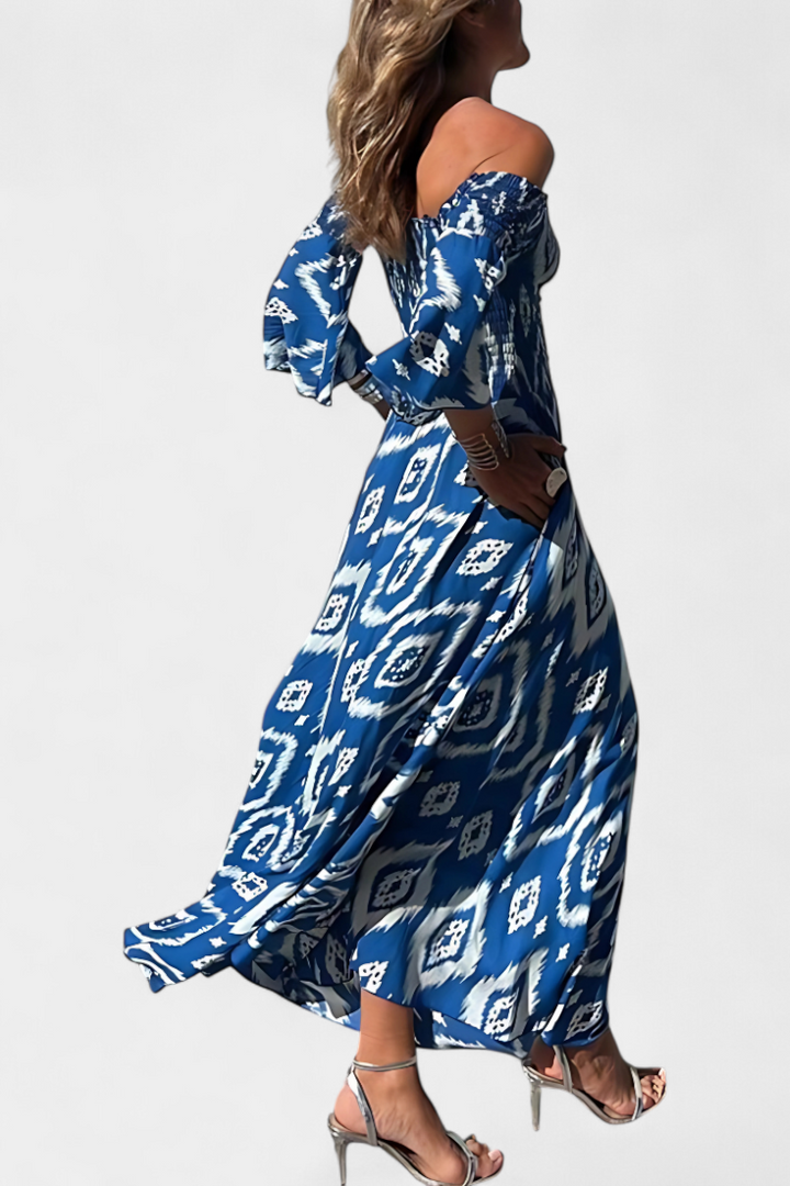 Robe Marine à Fleurs avec Épaules Dégagées