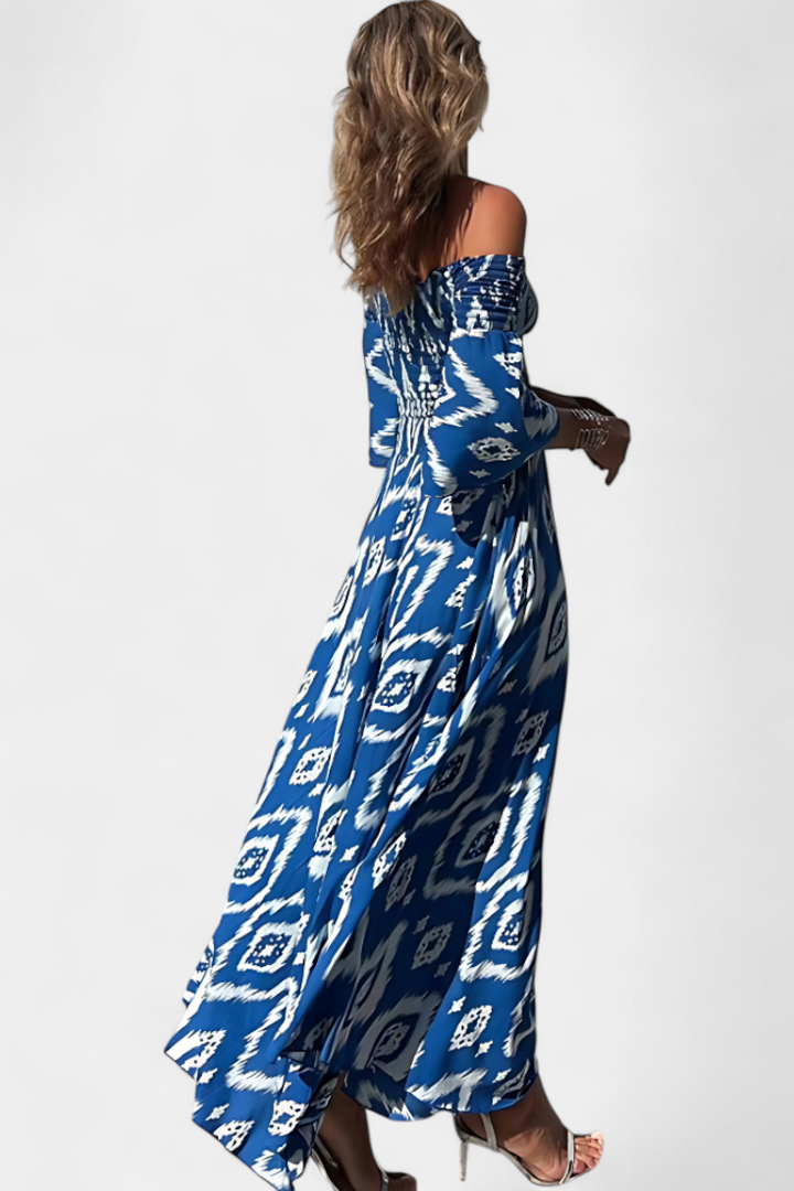 Robe Marine à Fleurs avec Épaules Dégagées