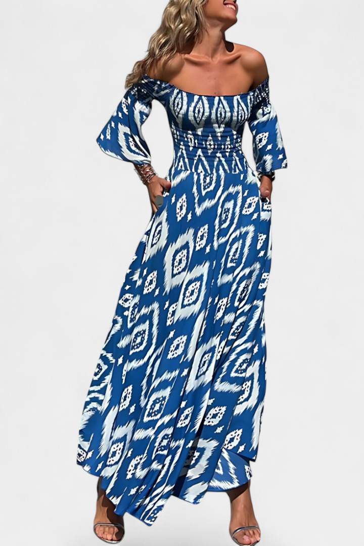 Robe Marine à Fleurs avec Épaules Dégagées