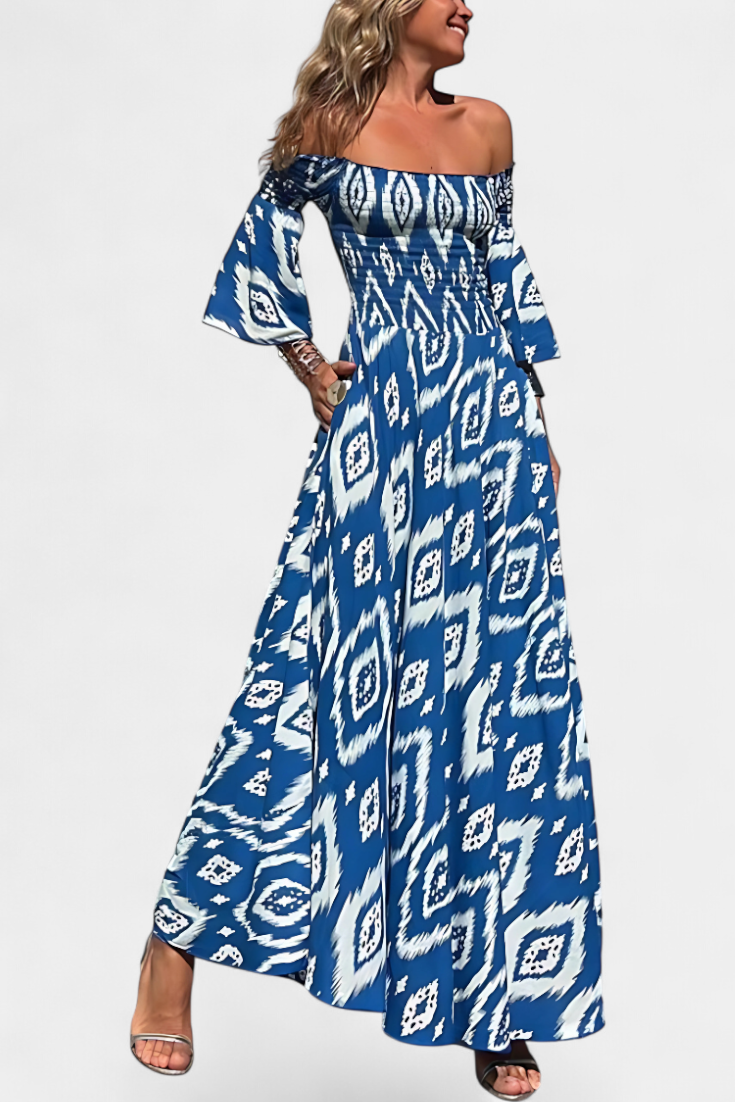 Robe Marine à Fleurs avec Épaules Dégagées
