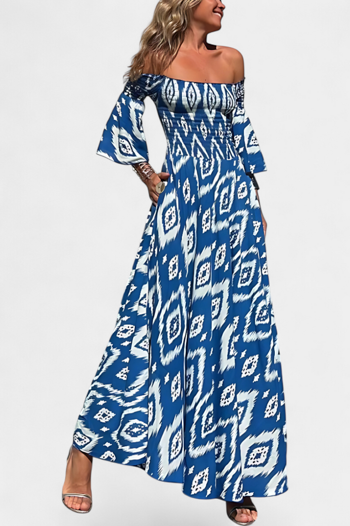 Robe Marine à Fleurs avec Épaules Dégagées