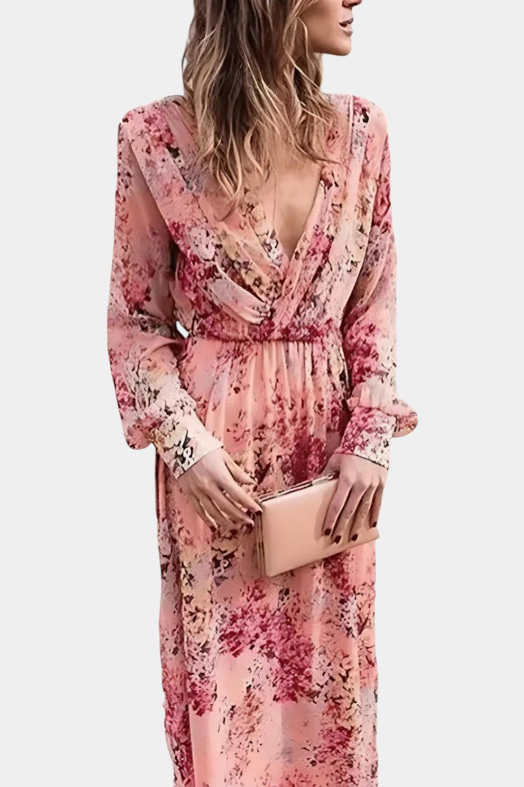Robe Maxi Boho Florale Amaliya avec Manches Longues et Taille Définie