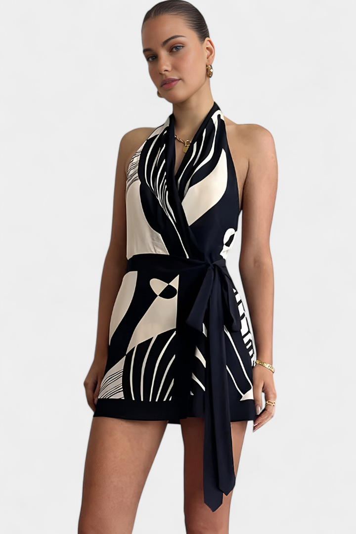 Robe Courte Halter Fae avec Imprimé Abstrait et Ceinture