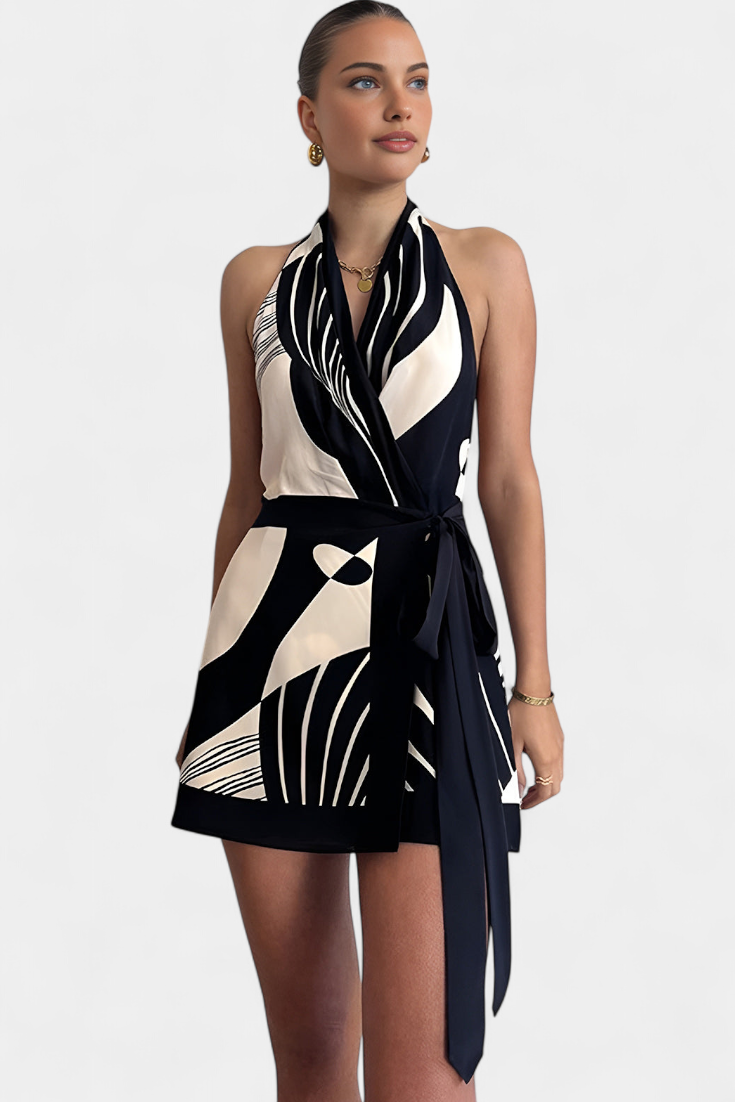 Robe Courte Halter Fae avec Imprimé Abstrait et Ceinture