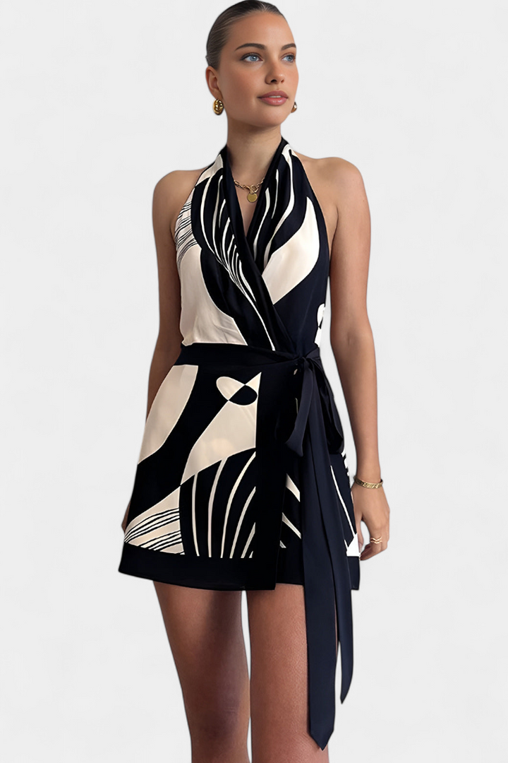 Robe Courte Halter Fae avec Imprimé Abstrait et Ceinture