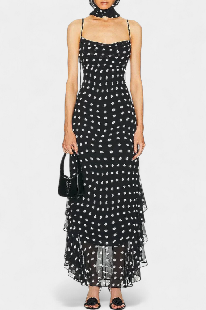 Estefanía Robe en Gaze avec Volants et Pois en Noir et Crème