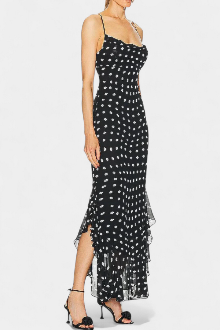 Estefanía Robe en Gaze avec Volants et Pois en Noir et Crème