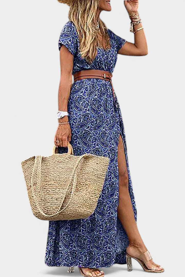 Robe Boho d'Été Anfisa avec Ceinture et Décolleté en V