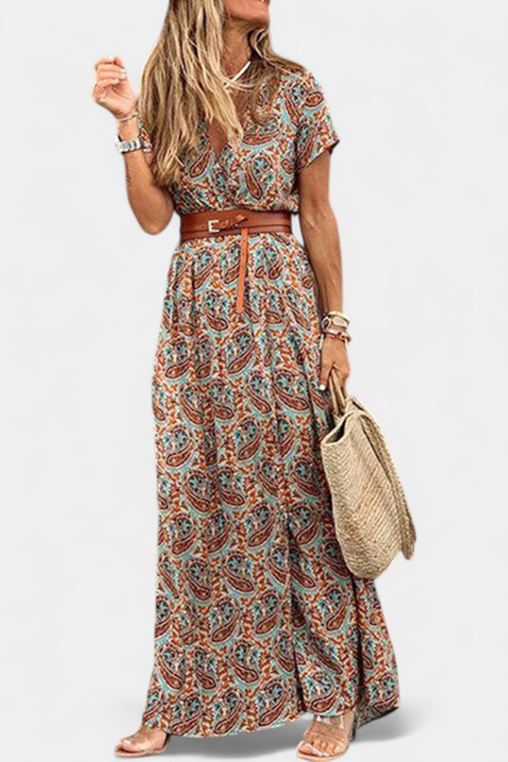 Robe Boho d'Été Anfisa avec Ceinture et Décolleté en V