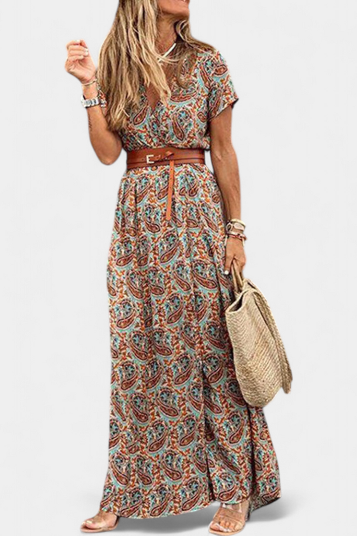 Robe Boho d'Été Anfisa avec Ceinture et Décolleté en V