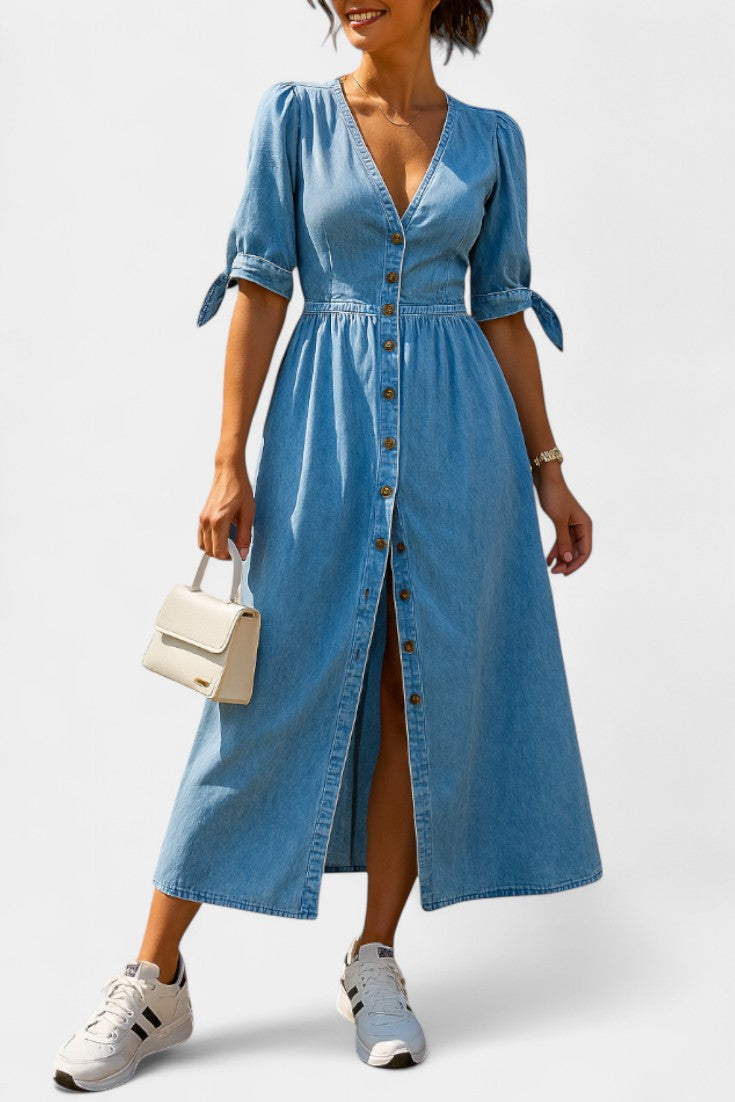 Robe Midi en Jean Adelina avec Boutons et Décolleté en V