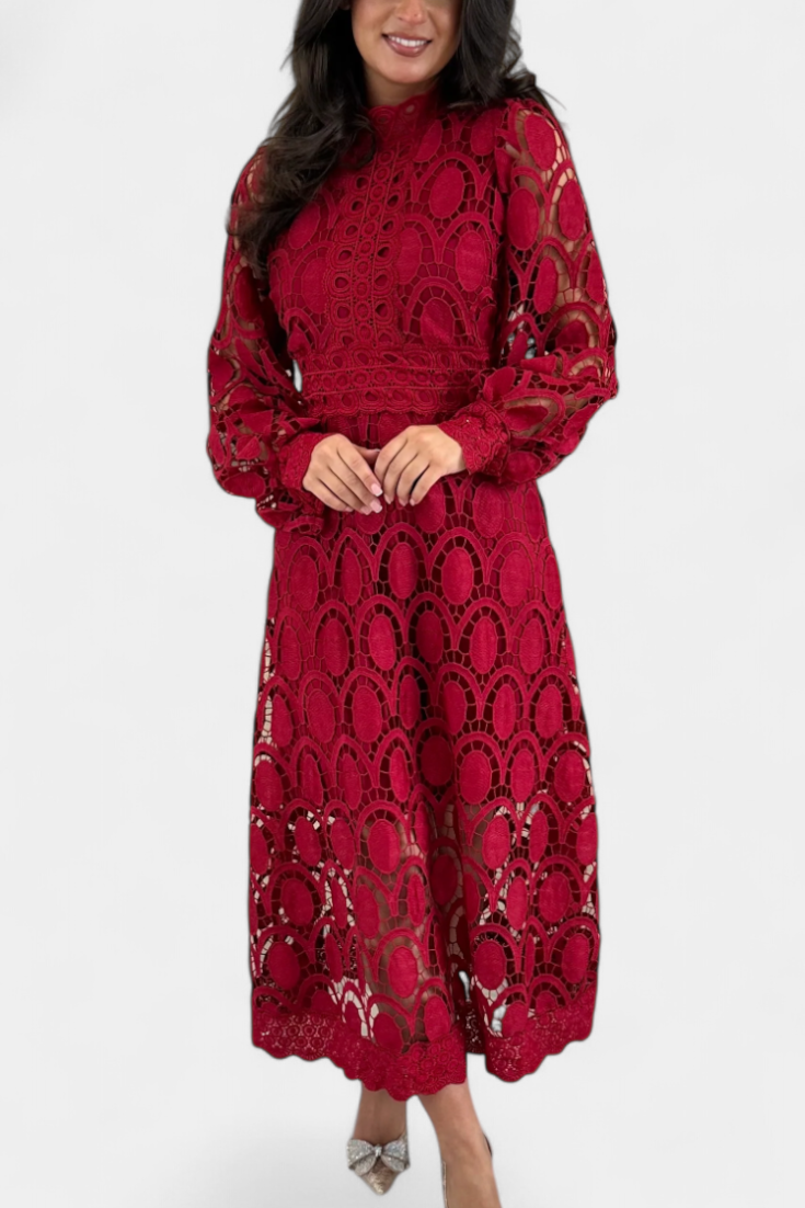 Robe Midi Jovie en Dentelle Brodée avec Col Montant