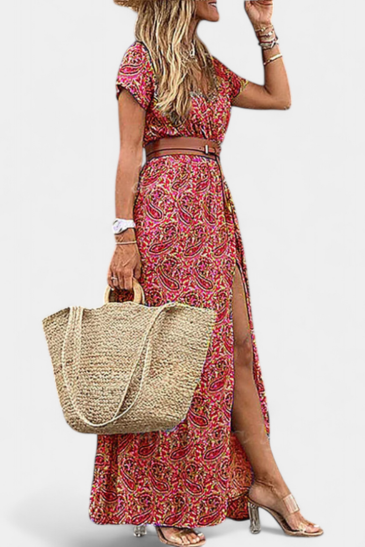 Robe Boho d'Été Anfisa avec Ceinture et Décolleté en V