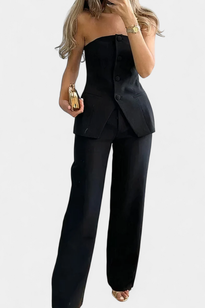 Ekaterina Ensemble Top Tube et Pantalon à Jambes Larges au Style Minimaliste