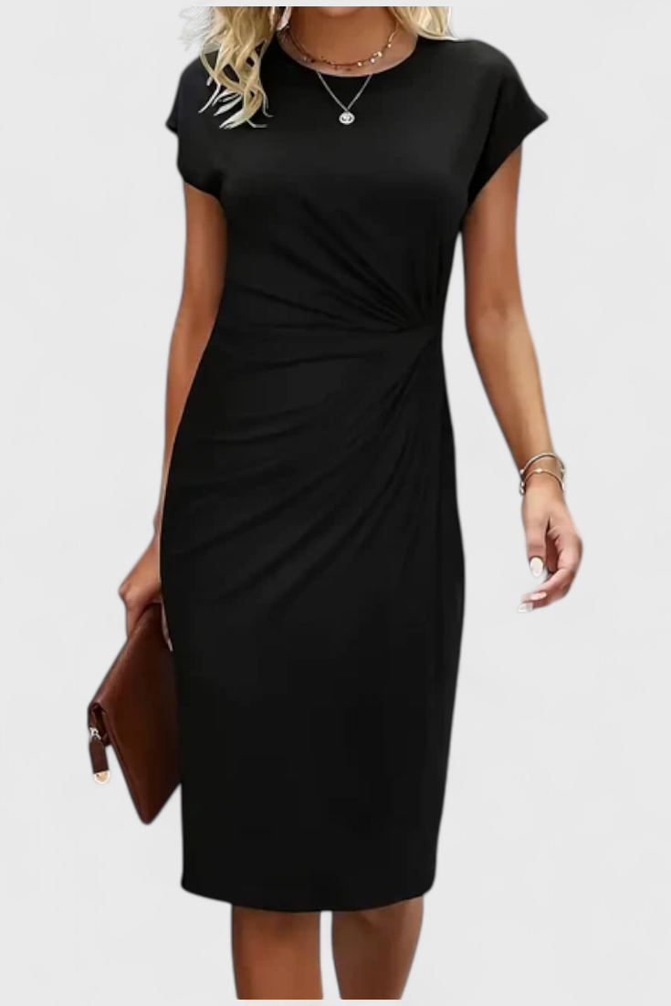 Robe Midi Intemporelle Katrina avec Col Ronde et Détail Drapé