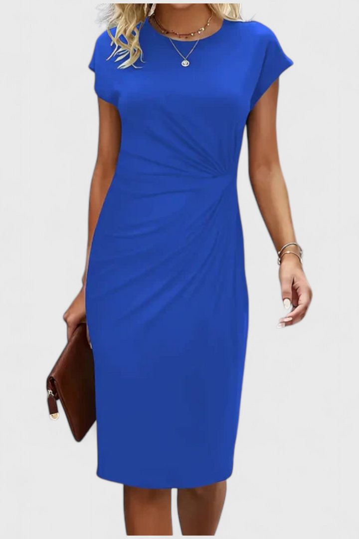 Robe Midi Intemporelle Katrina avec Col Ronde et Détail Drapé