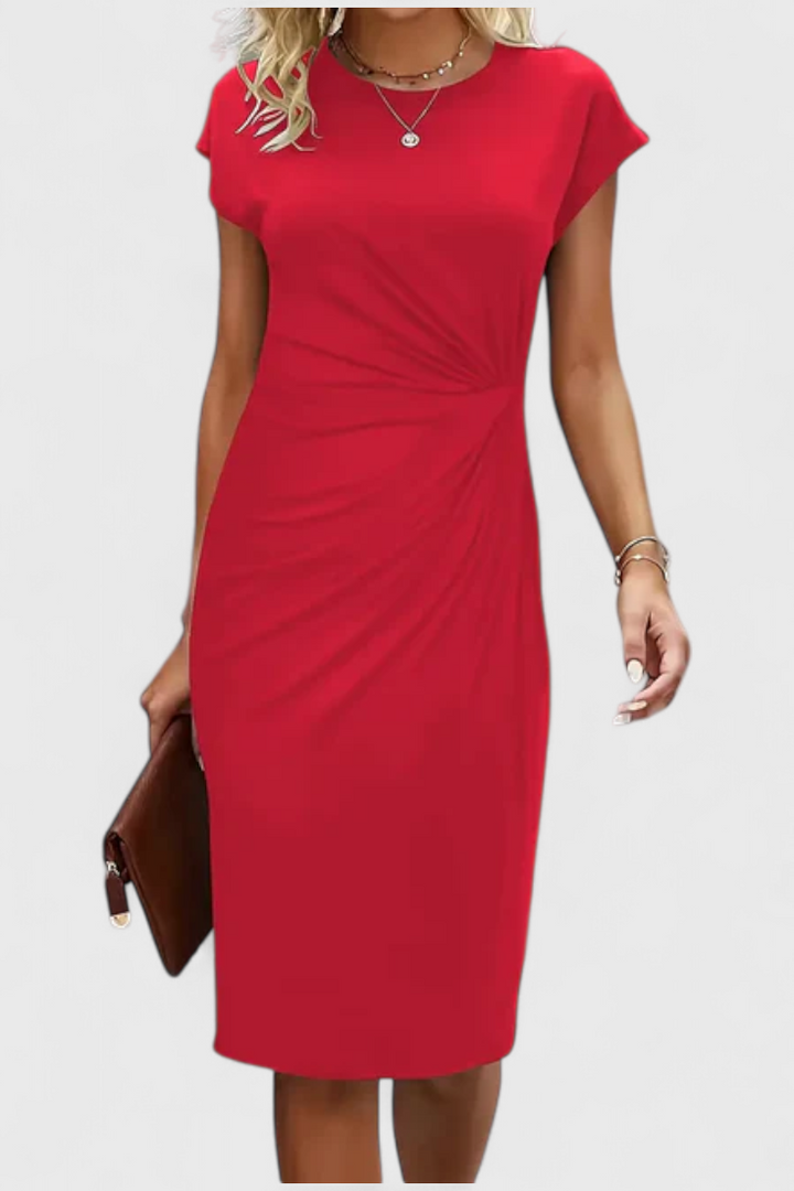 Robe Midi Intemporelle Katrina avec Col Ronde et Détail Drapé