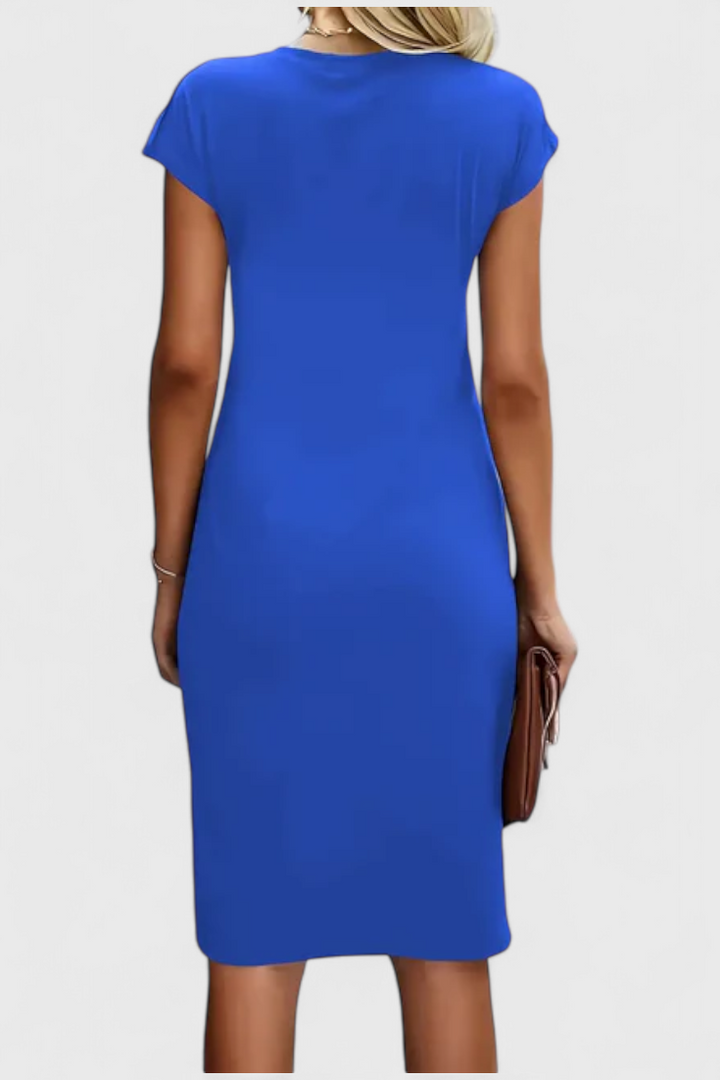 Robe Midi Intemporelle Katrina avec Col Ronde et Détail Drapé
