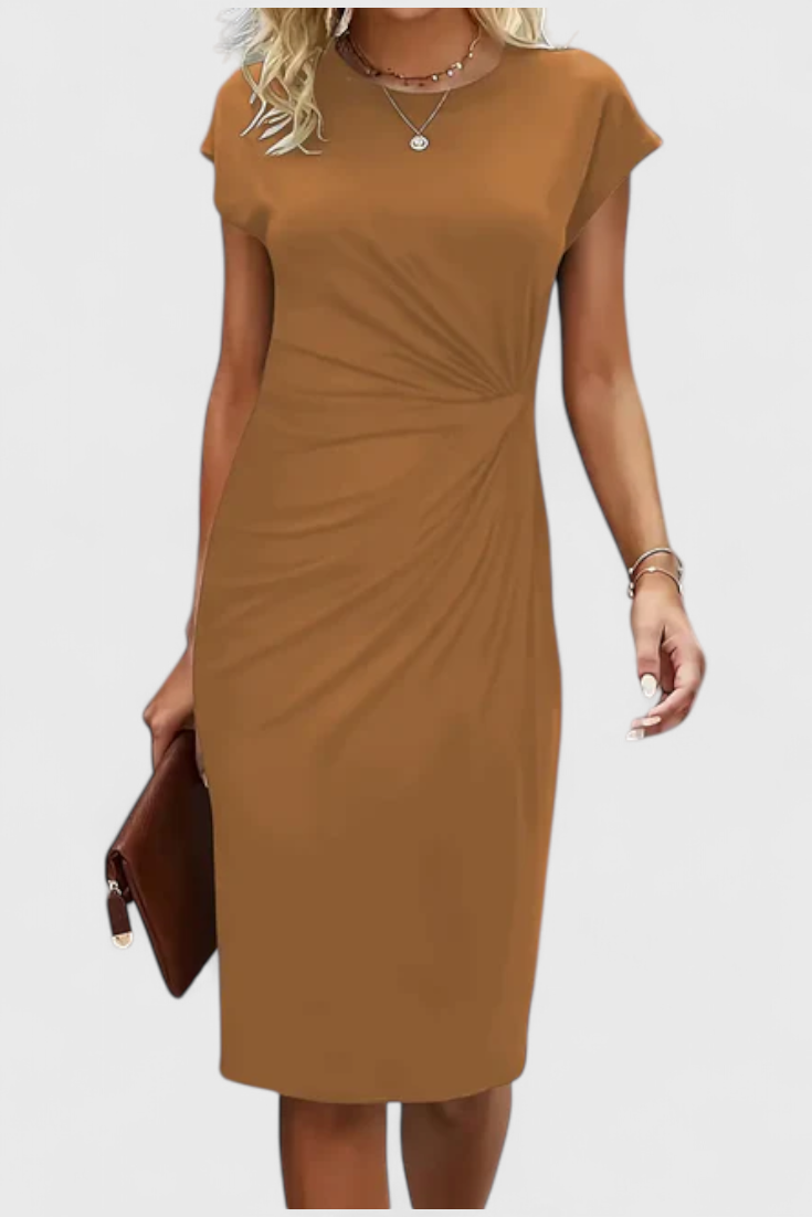 Robe Midi Intemporelle Katrina avec Col Ronde et Détail Drapé