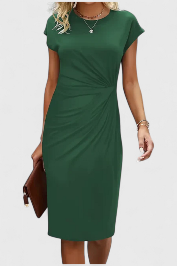 Robe Midi Intemporelle Katrina avec Col Ronde et Détail Drapé