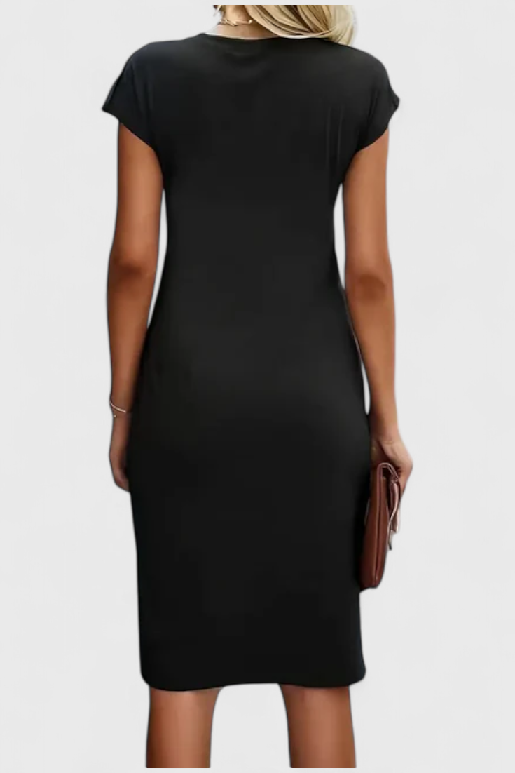 Robe Midi Intemporelle Katrina avec Col Ronde et Détail Drapé