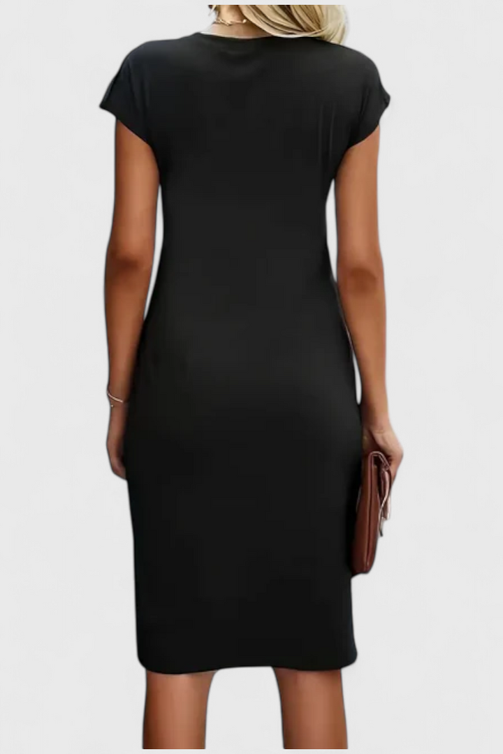 Robe Midi Intemporelle Katrina avec Col Ronde et Détail Drapé