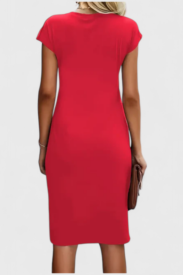 Robe Midi Intemporelle Katrina avec Col Ronde et Détail Drapé