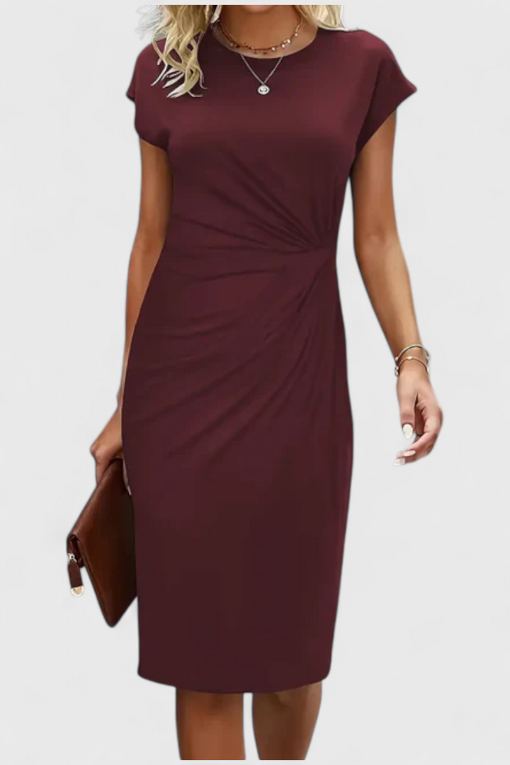 Robe Midi Intemporelle Katrina avec Col Ronde et Détail Drapé