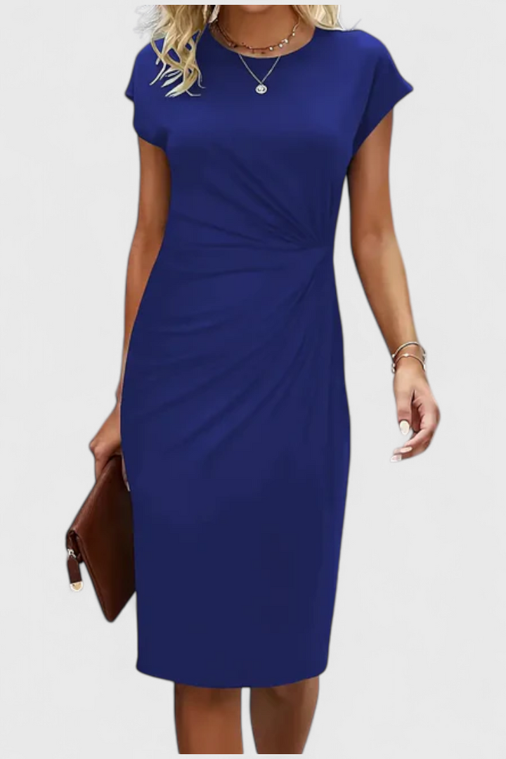 Robe Midi Intemporelle Katrina avec Col Ronde et Détail Drapé
