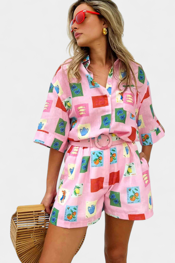 Mariluz Ensemble Chemise et Shorts avec Imprimé Rose